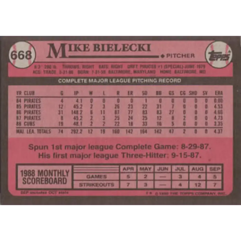 1989 Topps #668 Mike Bielecki NM-MT Chicago Cubs Baseball Card - Baseball Card Single