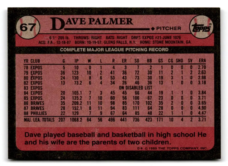 1989 Topps #67 Dave Palmer - Baseball Card Single