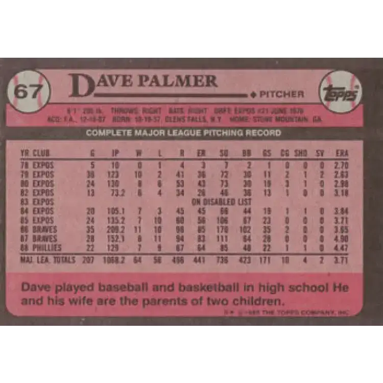 1989 Topps #67 Dave Palmer NM-MT Philadelphia Phillies Baseball Card - Baseball Card Single