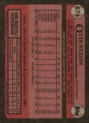 1989 Topps #674 Otis Nixon NM-MT Expos - Baseball Card Single