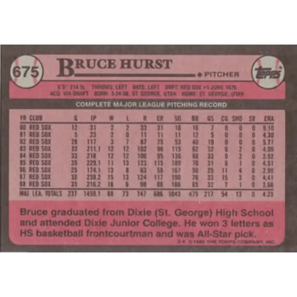 1989 Topps #675 Bruce Hurst NM-MT Boston Red Sox Baseball Card - Baseball Card Single