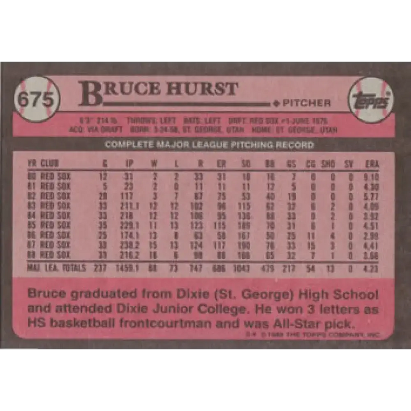 1989 Topps #675 Bruce Hurst NM-MT Boston Red Sox Baseball Card - Baseball Card Single