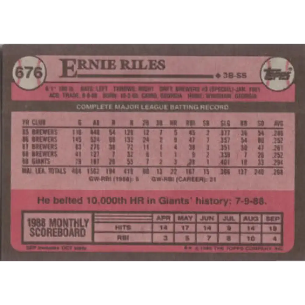 1989 Topps #676 Ernest Riles NM-MT San Francisco Giants Baseball Card - Baseball Card Single