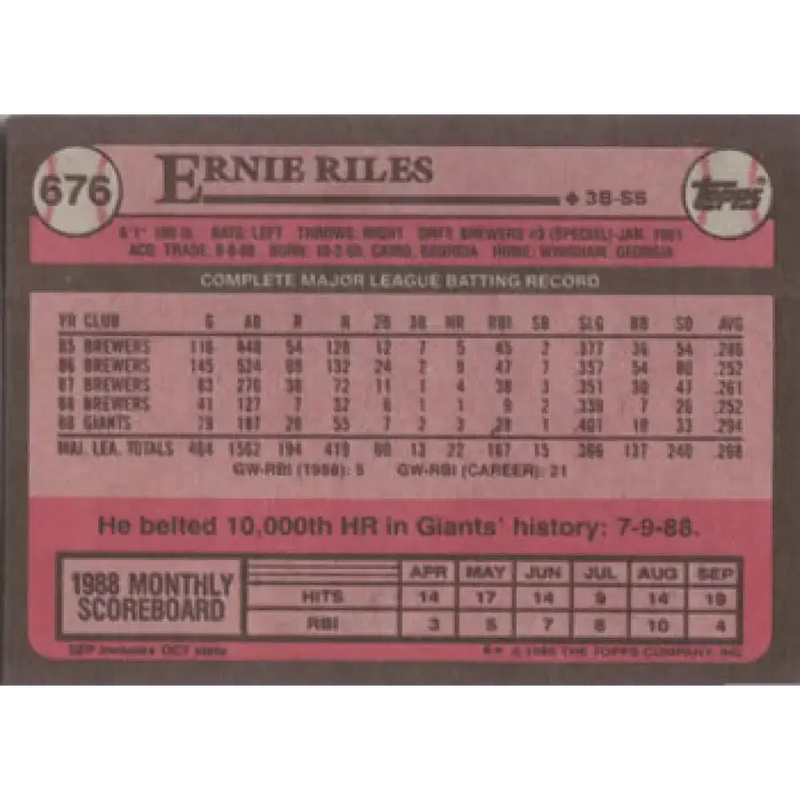 1989 Topps #676 Ernest Riles NM-MT San Francisco Giants Baseball Card - Baseball Card Single