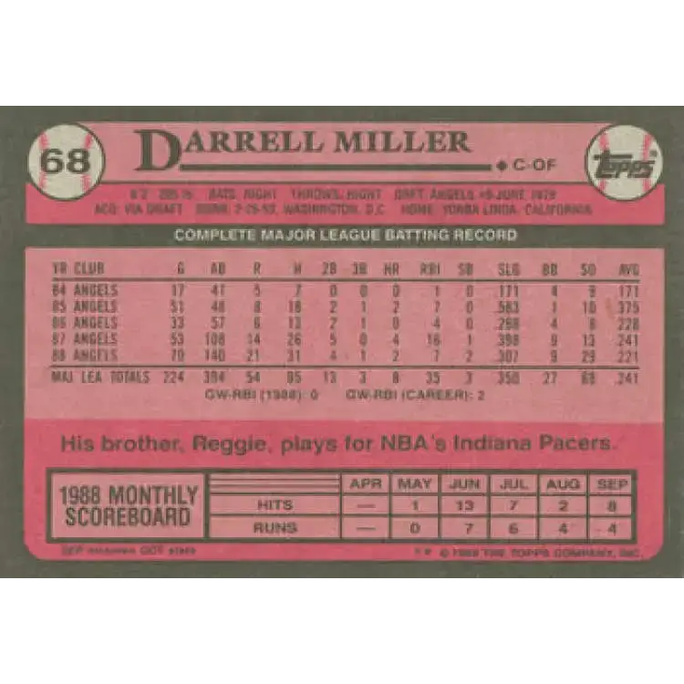 1989 Topps #68 Darrell Miller NM-MT California Angels Baseball Card - Baseball Card Single