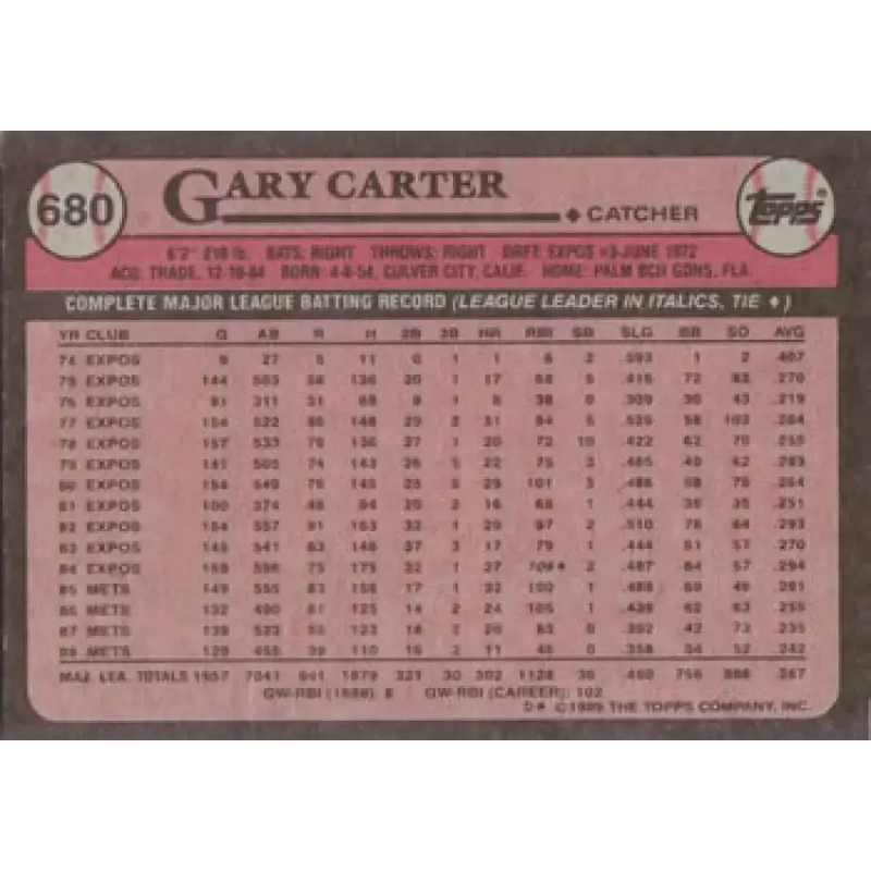 1989 Topps #680 Gary Carter NM-MT New York Mets Baseball Card - Baseball Card Single