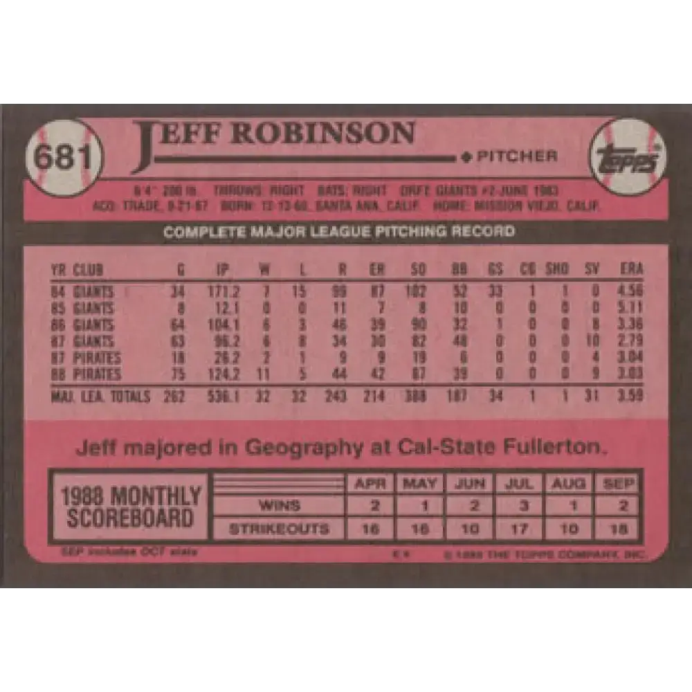 1989 Topps #681 Jeff Robinson NM-MT Pittsburgh Pirates Baseball Card - Baseball Card Single