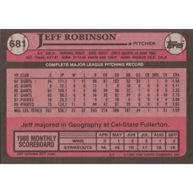 1989 Topps #681 Jeff Robinson NM-MT Pittsburgh Pirates Baseball Card - Baseball Card Single