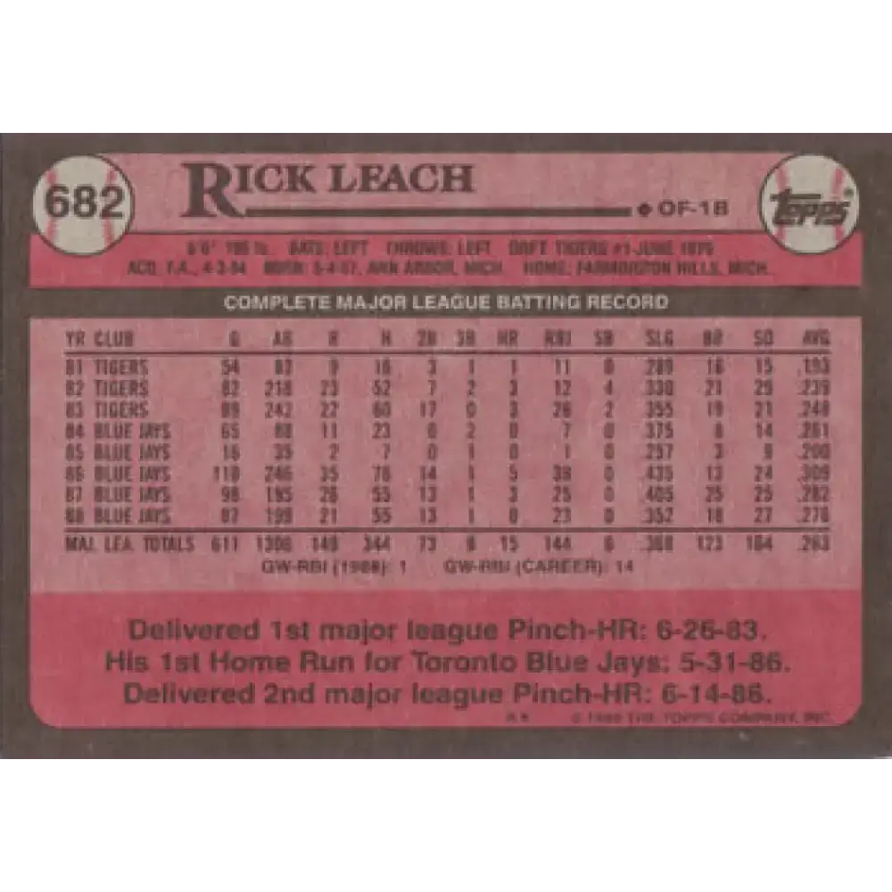 1989 Topps #682 Rick Leach NM-MT Toronto Blue Jays Baseball Card - Baseball Card Single