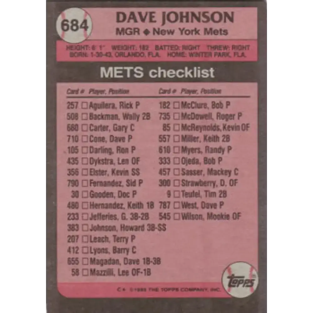 1989 Topps #684 Dave Johnson MG NM-MT New York Mets Baseball Card - Baseball Card Single