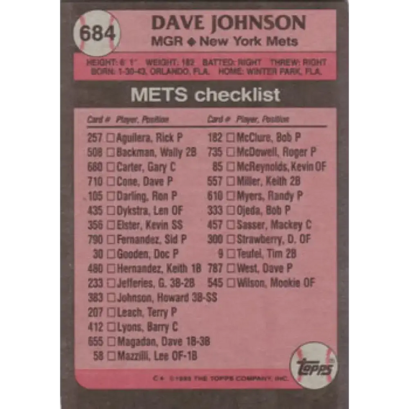 1989 Topps #684 Dave Johnson MG NM-MT New York Mets Baseball Card - Baseball Card Single