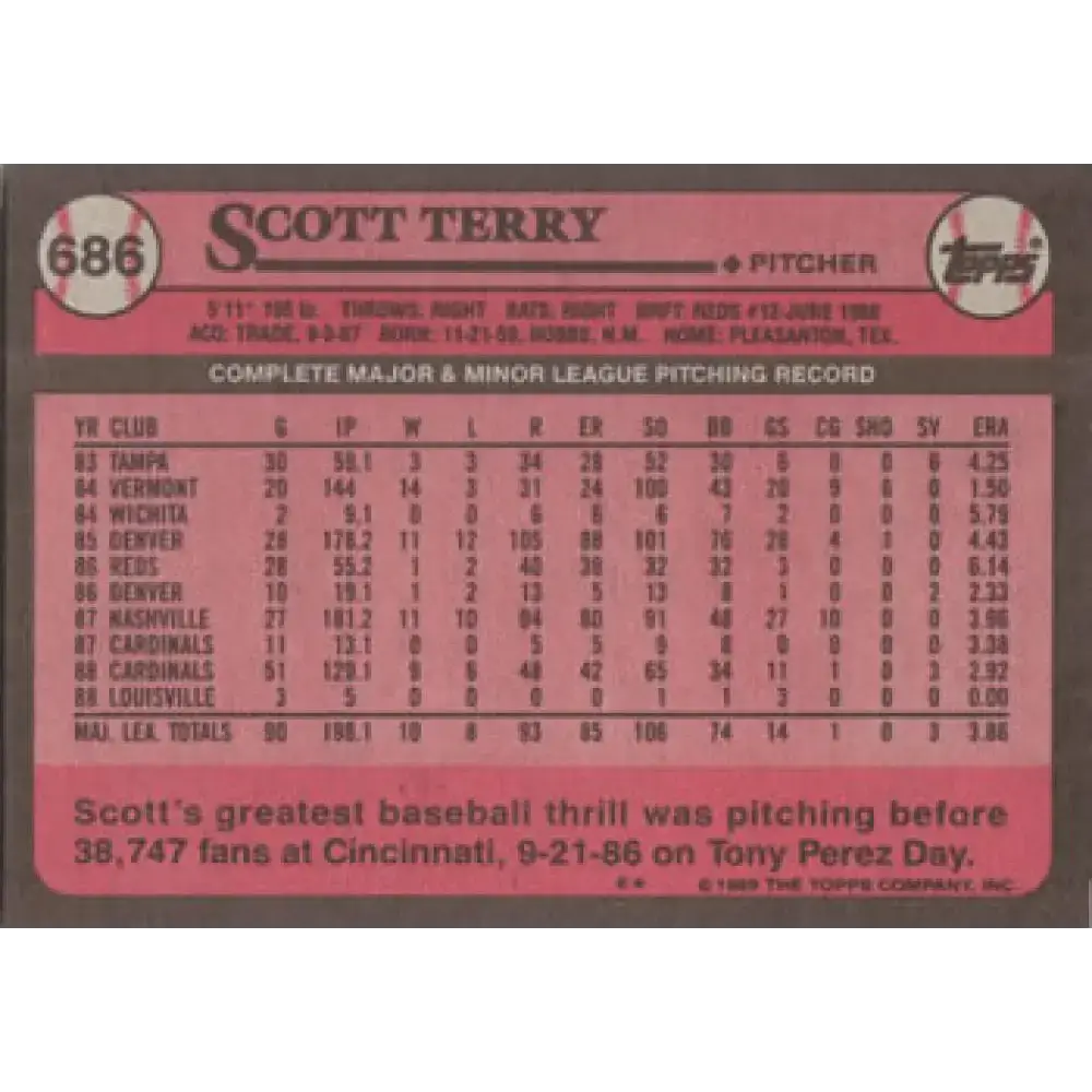 1989 Topps #686 Scott Terry NM-MT St. Louis Cardinals Baseball Card - Baseball Card Single