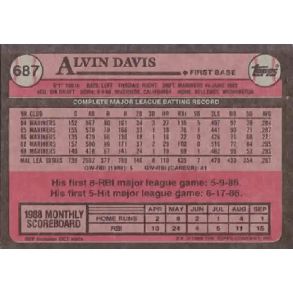 1989 Topps #687 Alvin Davis NM-MT Seattle Mariners Baseball Card - Baseball Card Single
