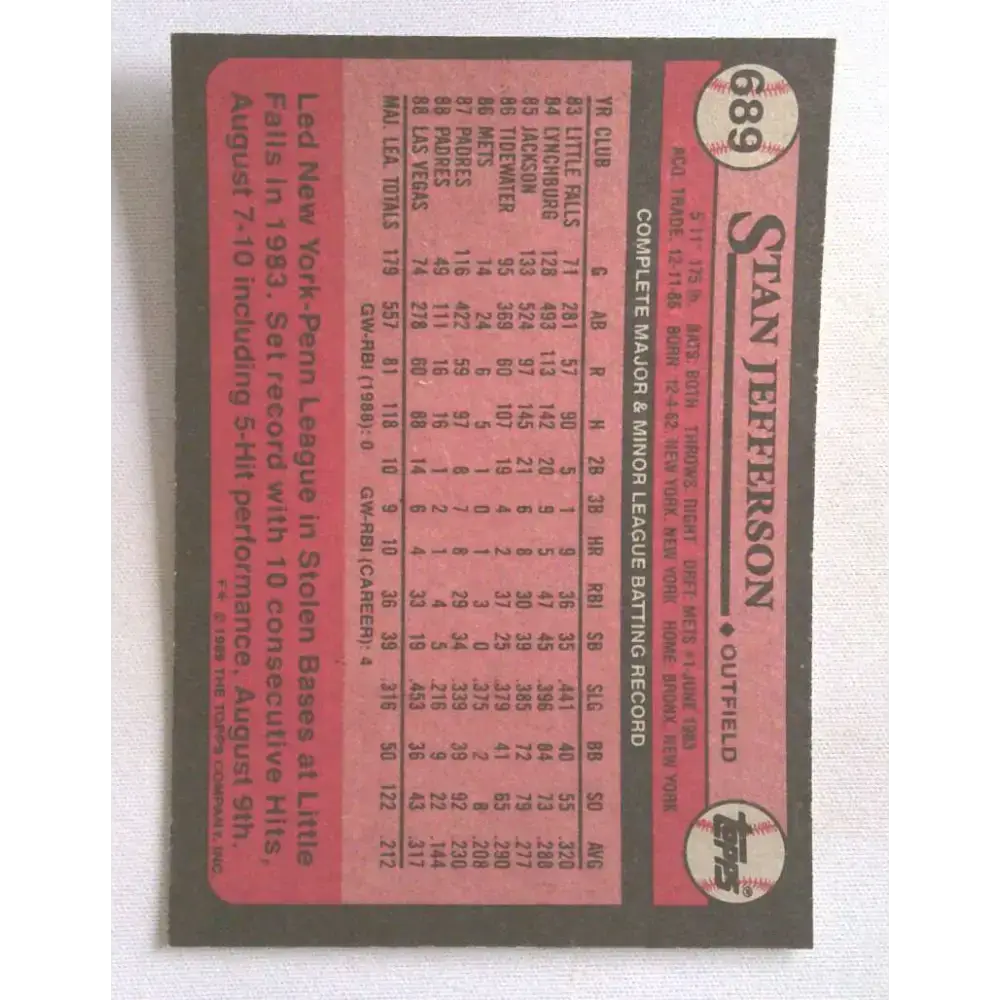 1989 Topps #689a Stan Jefferson NM-MT San Diego Padres Baseball Card - Baseball Card Single