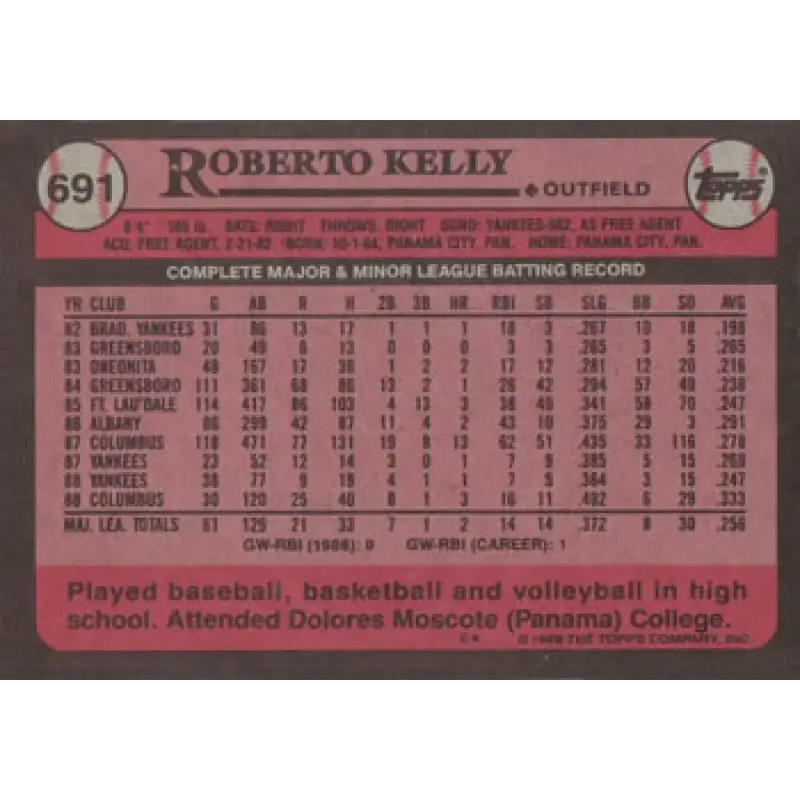 1989 Topps #691 Roberto Kelly UER NM-MT New York Yankees Baseball Card - Baseball Card Single