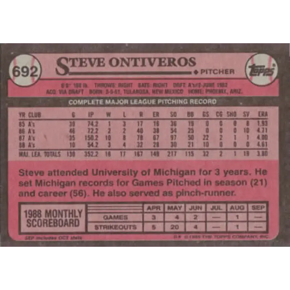 1989 Topps #692 Steve Ontiveros NM-MT Oakland Athletics Baseball Card - Baseball Card Single