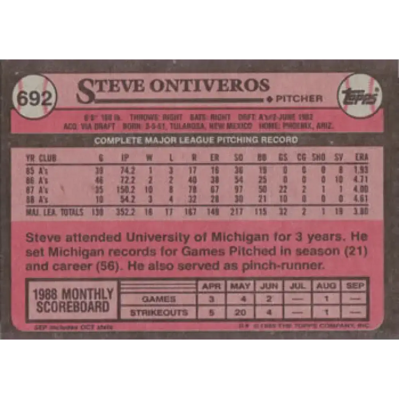 1989 Topps #692 Steve Ontiveros NM-MT Oakland Athletics Baseball Card - Baseball Card Single