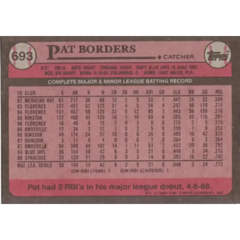 1989 Topps #693 Pat Borders NM-MT RC Rookie Toronto Blue Jays Baseball Card - Baseball Card Single