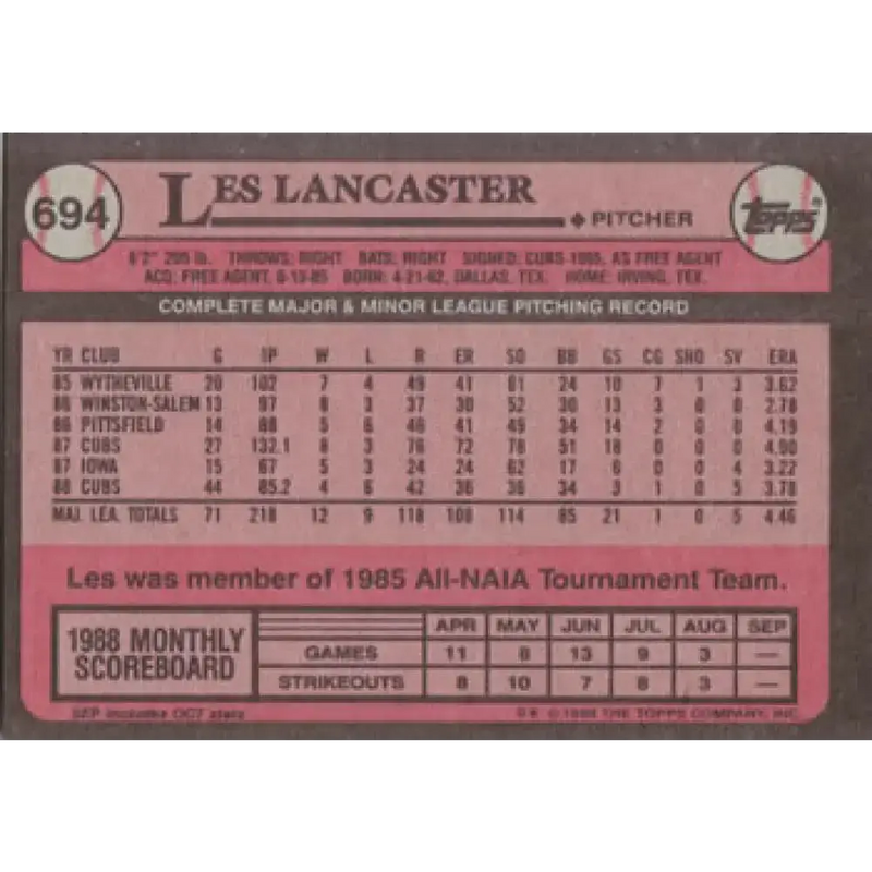 1989 Topps #694 Les Lancaster NM-MT Chicago Cubs Baseball Card - Baseball Card Single