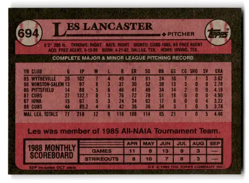 1989 Topps #694 Les Lancaster NM-MT Cubs ID:72357 - Baseball Card Single