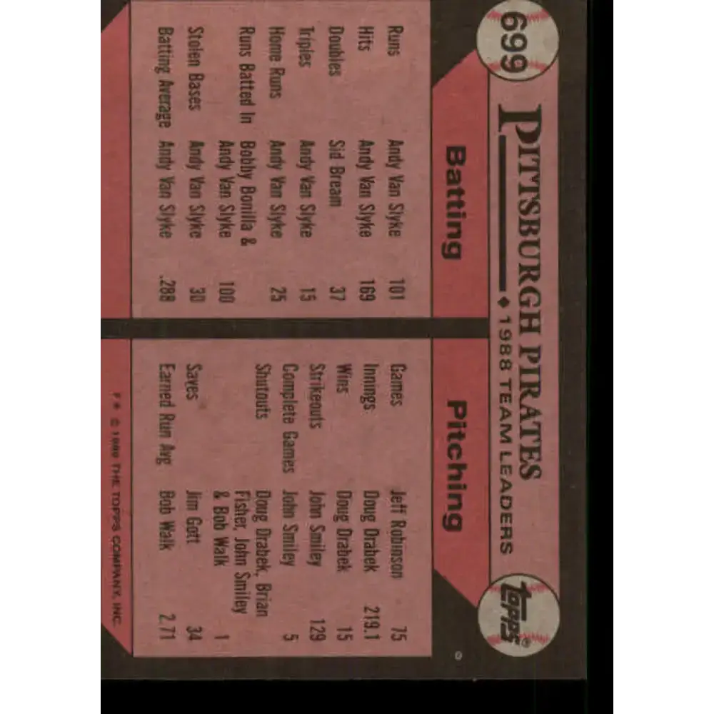 1989 Topps #699 Al Pedrique Pittsburgh Pirates TL NM-MT Pittsburgh Pirates Baseball Card - Baseball Card Single