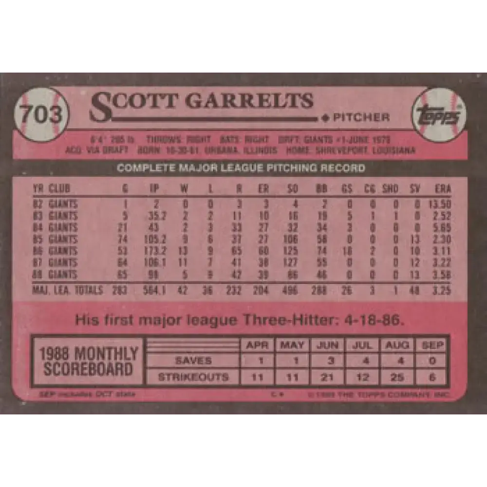 1989 Topps #703 Scott Garrelts NM-MT San Francisco Giants Baseball Card - Baseball Card Single