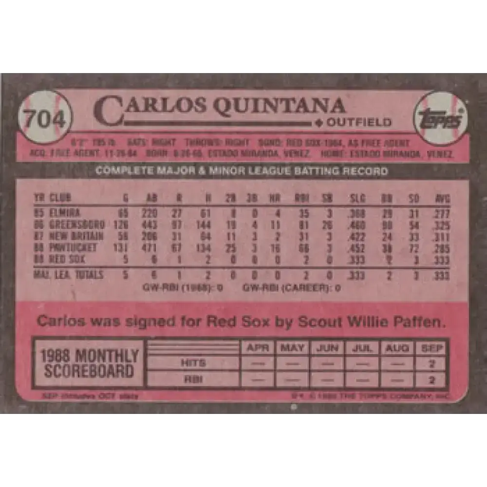 1989 Topps #704 Carlos Quintana NM-MT RC Rookie Boston Red Sox Baseball Card - Baseball Card Single
