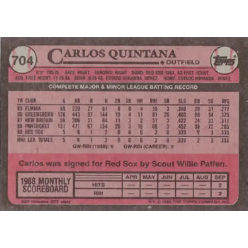 1989 Topps #704 Carlos Quintana NM-MT RC Rookie Boston Red Sox Baseball Card - Baseball Card Single