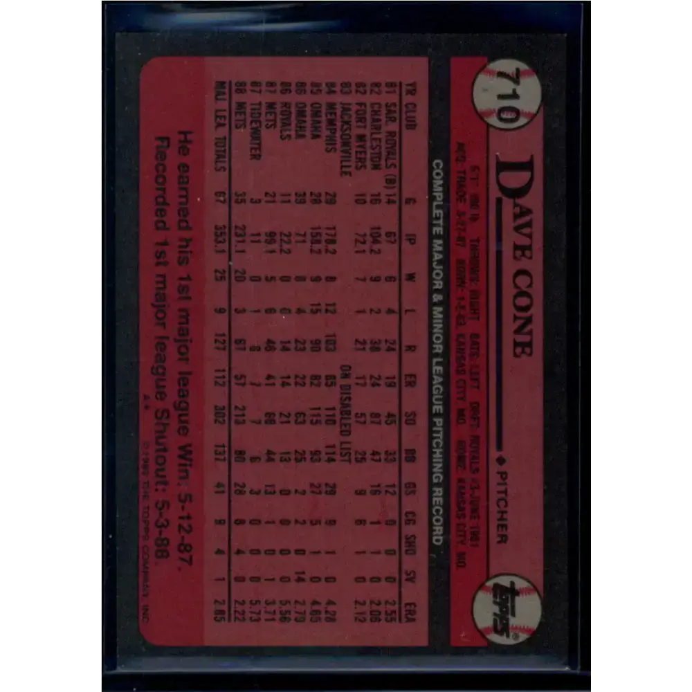 1989 Topps #710 David Cone NM-MT New York Mets Baseball Card - Baseball Card Single