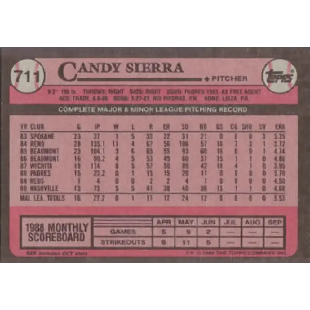 1989 Topps #711 Candy Sierra NM-MT Cincinnati Reds Baseball Card - Baseball Card Single