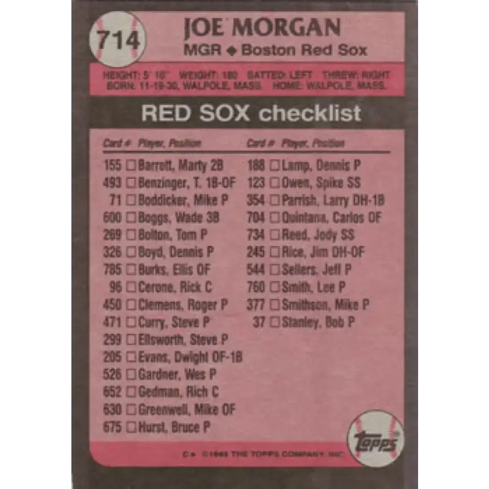 1989 Topps #714 Joe Morgan MG NM-MT Boston Red Sox Baseball Card - Baseball Card Single