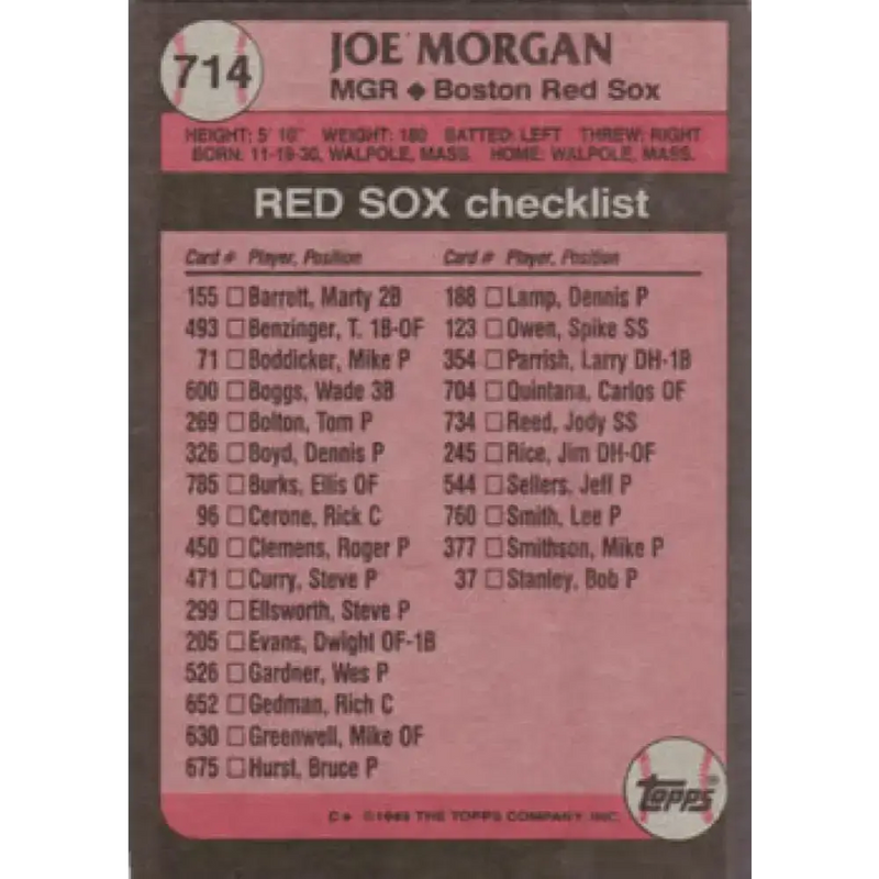 1989 Topps #714 Joe Morgan MG NM-MT Boston Red Sox Baseball Card - Baseball Card Single