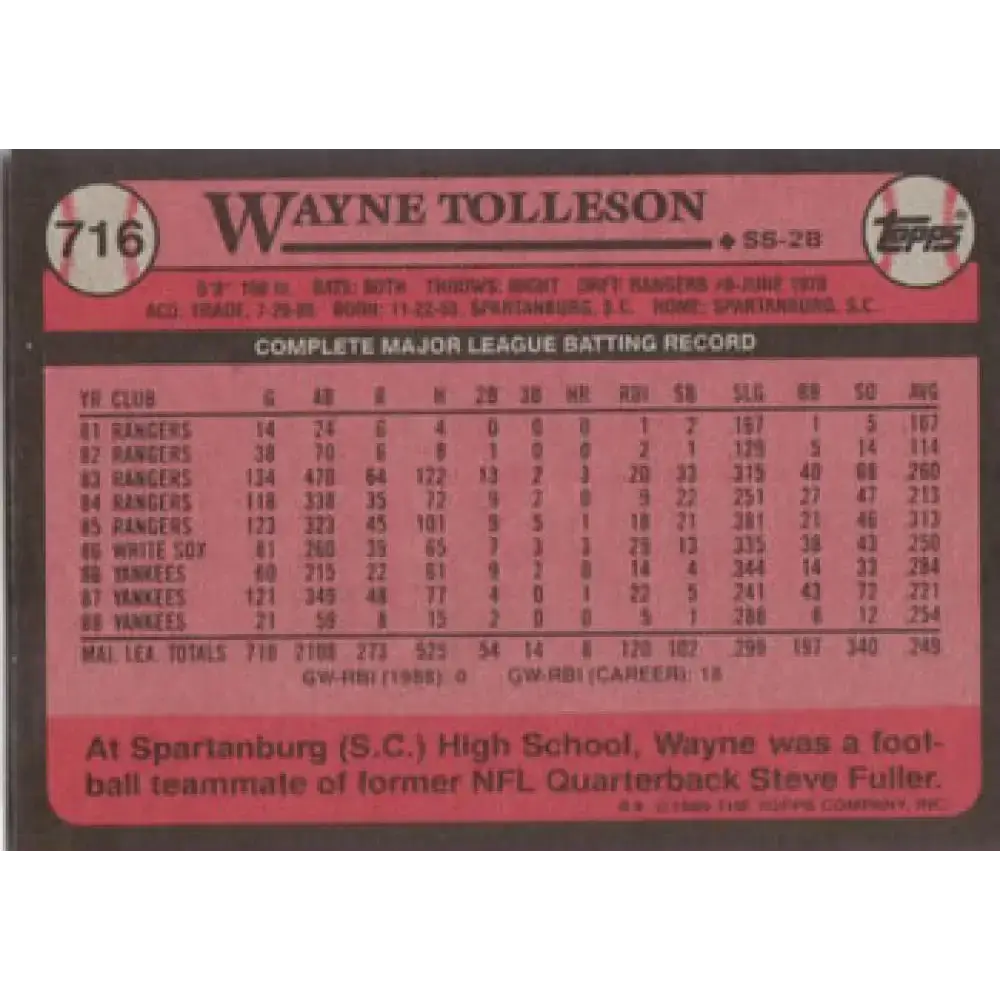 1989 Topps #716 Wayne Tolleson NM-MT New York Yankees Baseball Card - Baseball Card Single