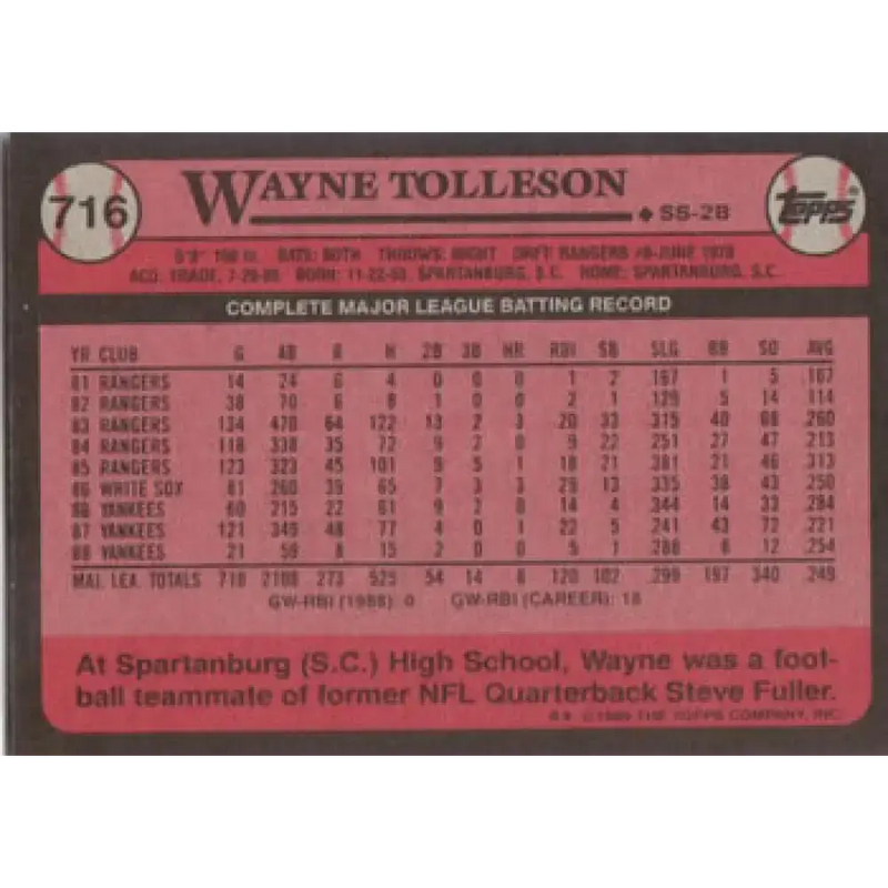 1989 Topps #716 Wayne Tolleson NM-MT New York Yankees Baseball Card - Baseball Card Single