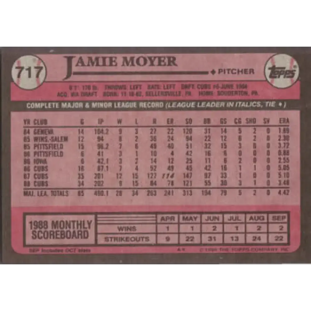 1989 Topps #717 Jamie Moyer NM-MT Chicago Cubs Baseball Card - Baseball Card Single