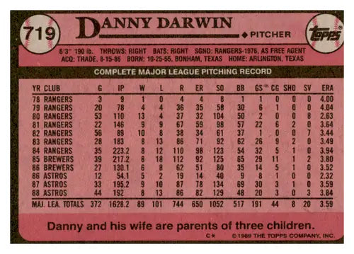Vintage 1989 Topps Danny Darwin NM-MT baseball card with original gloss featuring Astros