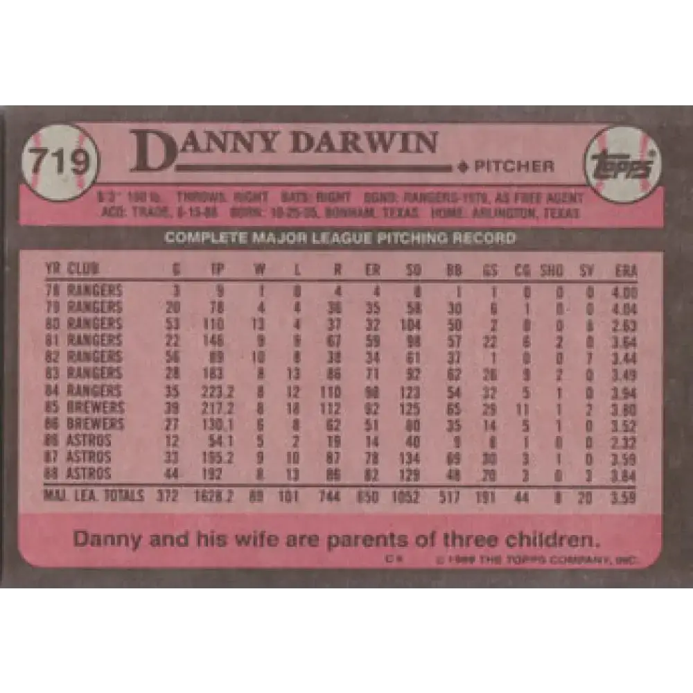 1989 Topps #719 Danny Darwin NM-MT Houston Astros Baseball Card - Baseball Card Single