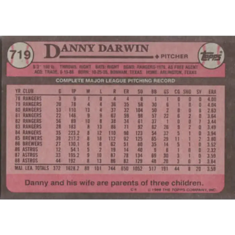 1989 Topps #719 Danny Darwin NM-MT Houston Astros Baseball Card - Baseball Card Single