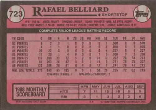 1989 Topps #723 Rafael Belliard NM-MT Pirates - Baseball Card Single