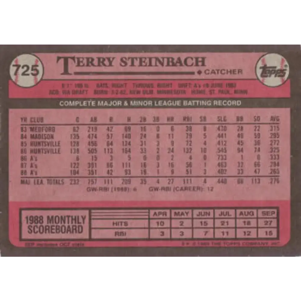 1989 Topps #725 Terry Steinbach NM-MT Oakland Athletics Baseball Card - Baseball Card Single