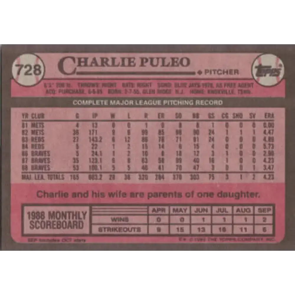 1989 Topps #728 Charlie Puleo NM-MT Atlanta Braves Baseball Card - Baseball Card Single