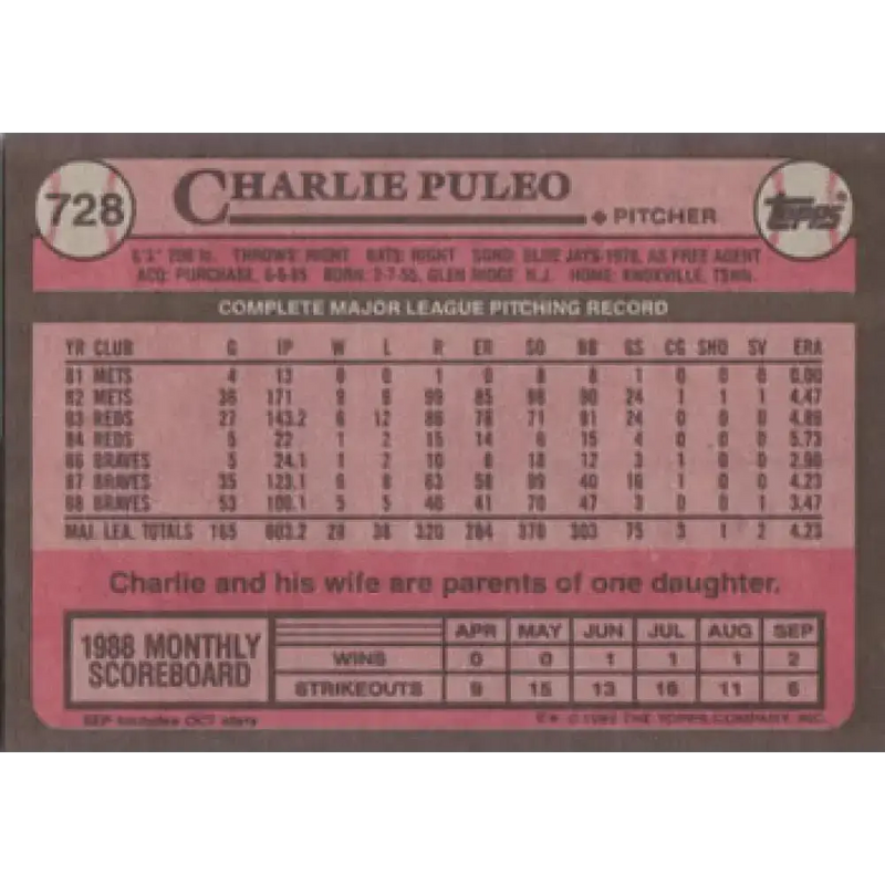 1989 Topps #728 Charlie Puleo NM-MT Atlanta Braves Baseball Card - Baseball Card Single
