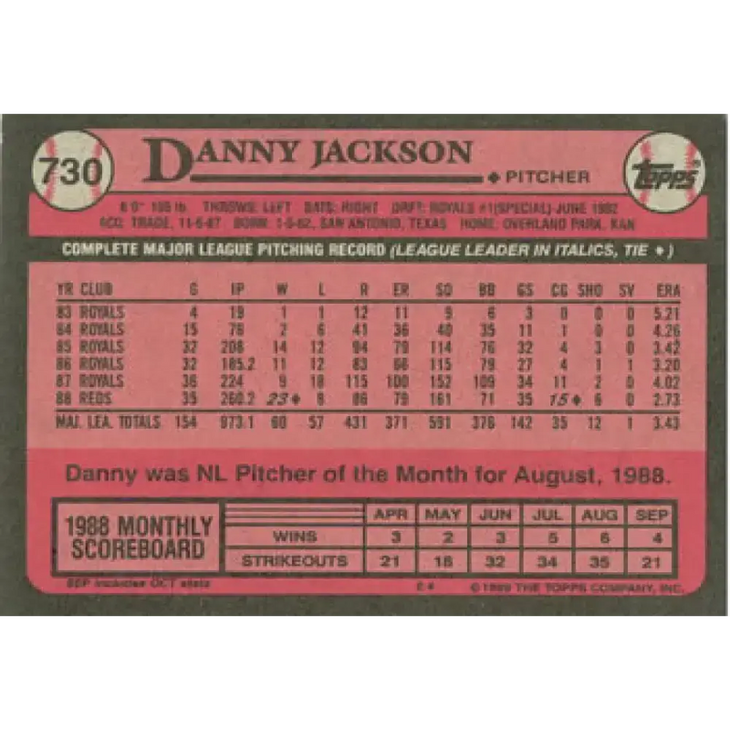 1989 Topps #730 Danny Jackson NM-MT Cincinnati Reds Baseball Card - Baseball Card Single