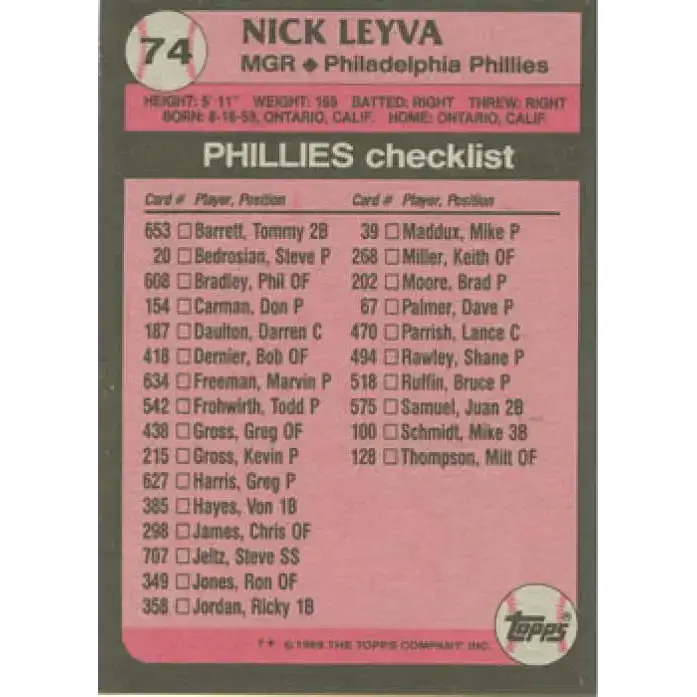 1989 Topps #74 Nick Leyva MG NM-MT Philadelphia Phillies Baseball Card - Baseball Card Single