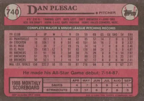 1989 Topps #740 Dan Plesac NM-MT Brewers - Baseball Card Single