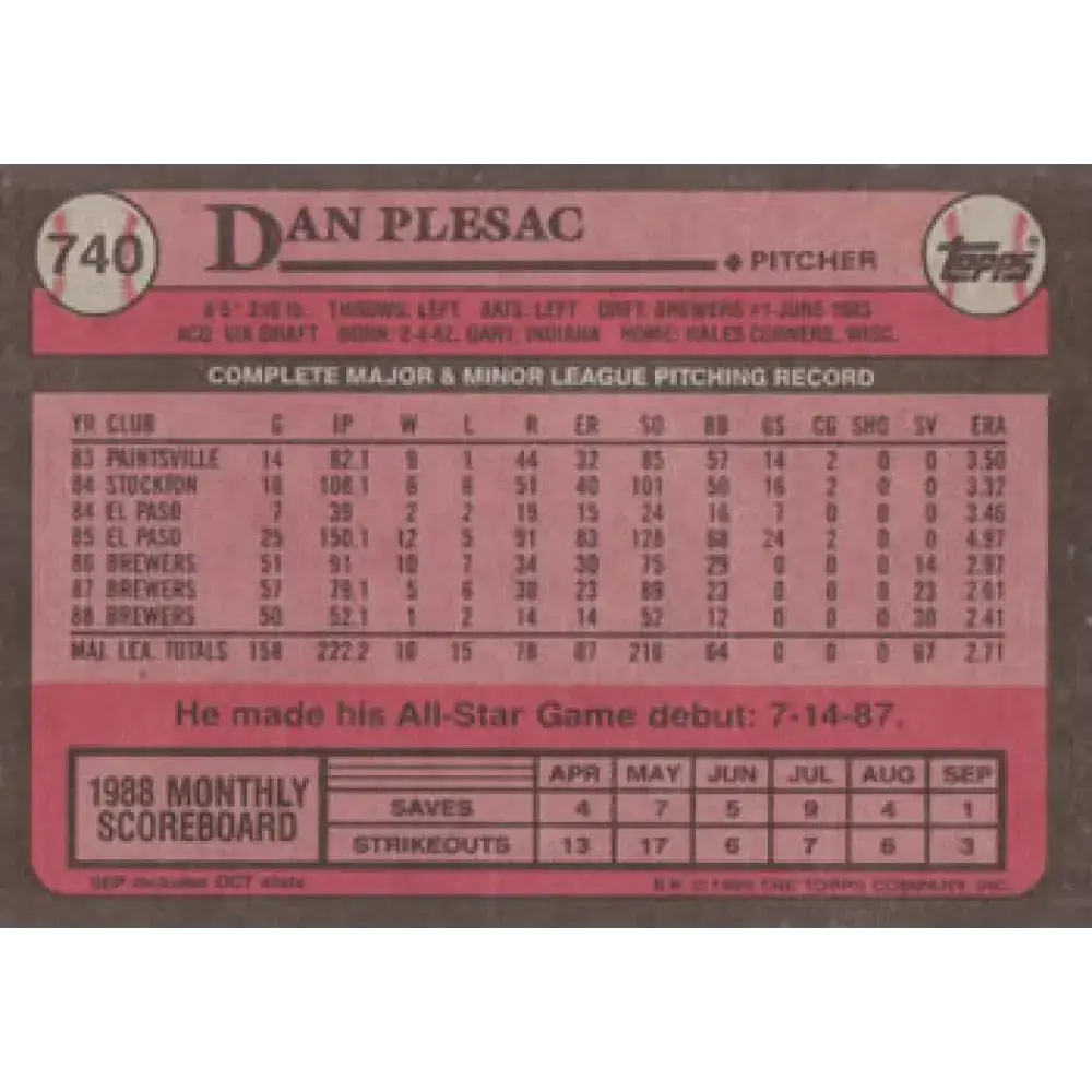 1989 Topps #740 Dan Plesac NM-MT Milwaukee Brewers Baseball Card - Baseball Card Single
