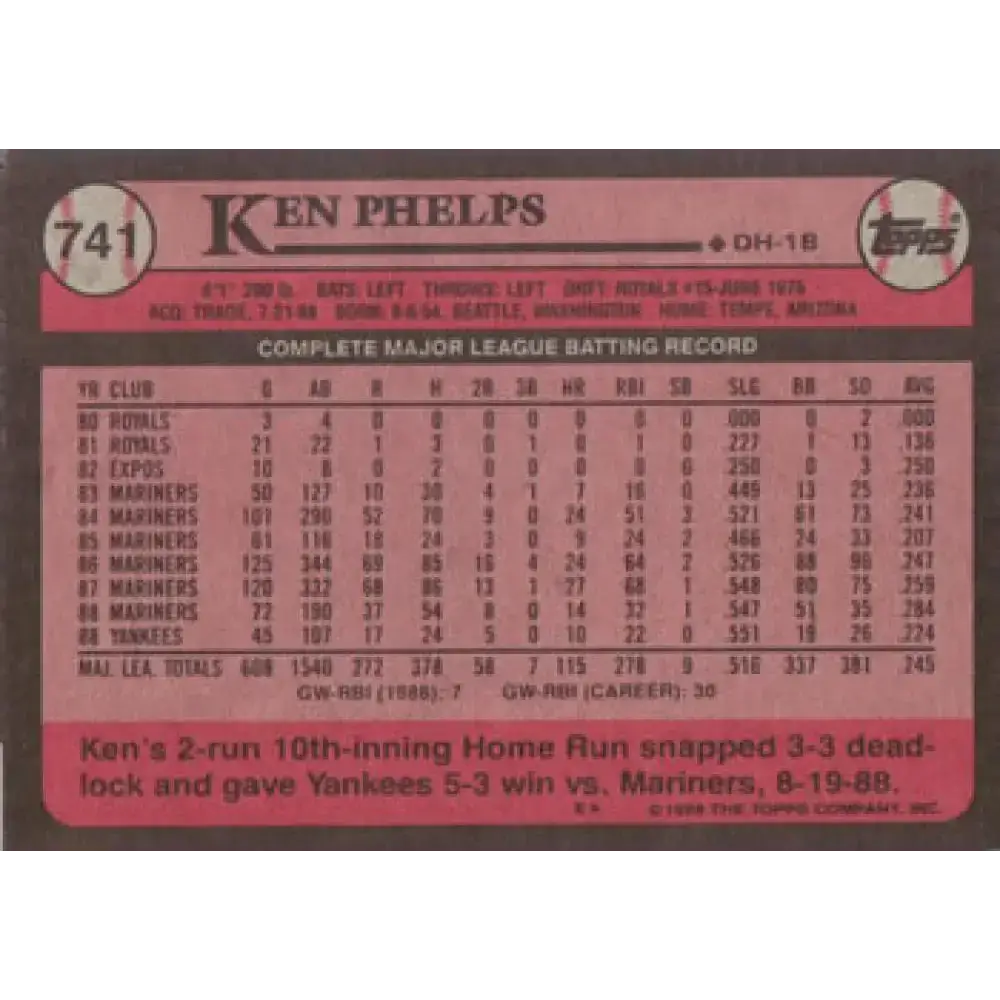 1989 Topps #741 Ken Phelps NM-MT New York Yankees Baseball Card - Baseball Card Single