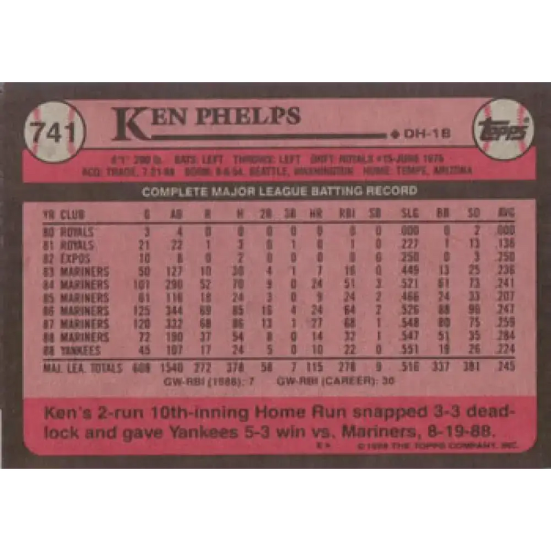 1989 Topps #741 Ken Phelps NM-MT New York Yankees Baseball Card - Baseball Card Single