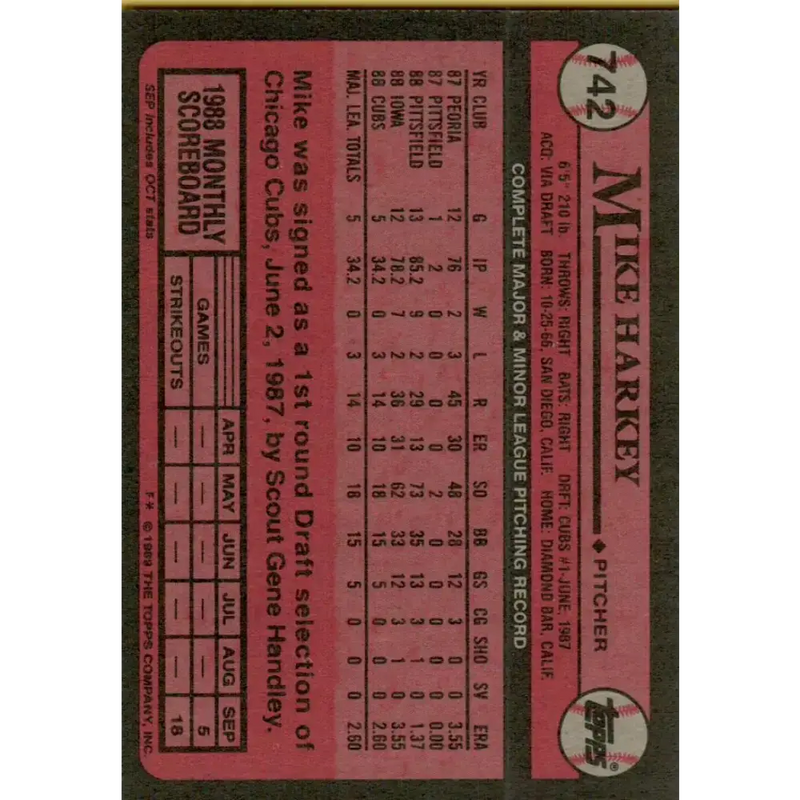 1989 Topps #742 Mike Harkey FS NM-MT RC Rookie Chicago Cubs Baseball Card - Baseball Card Single