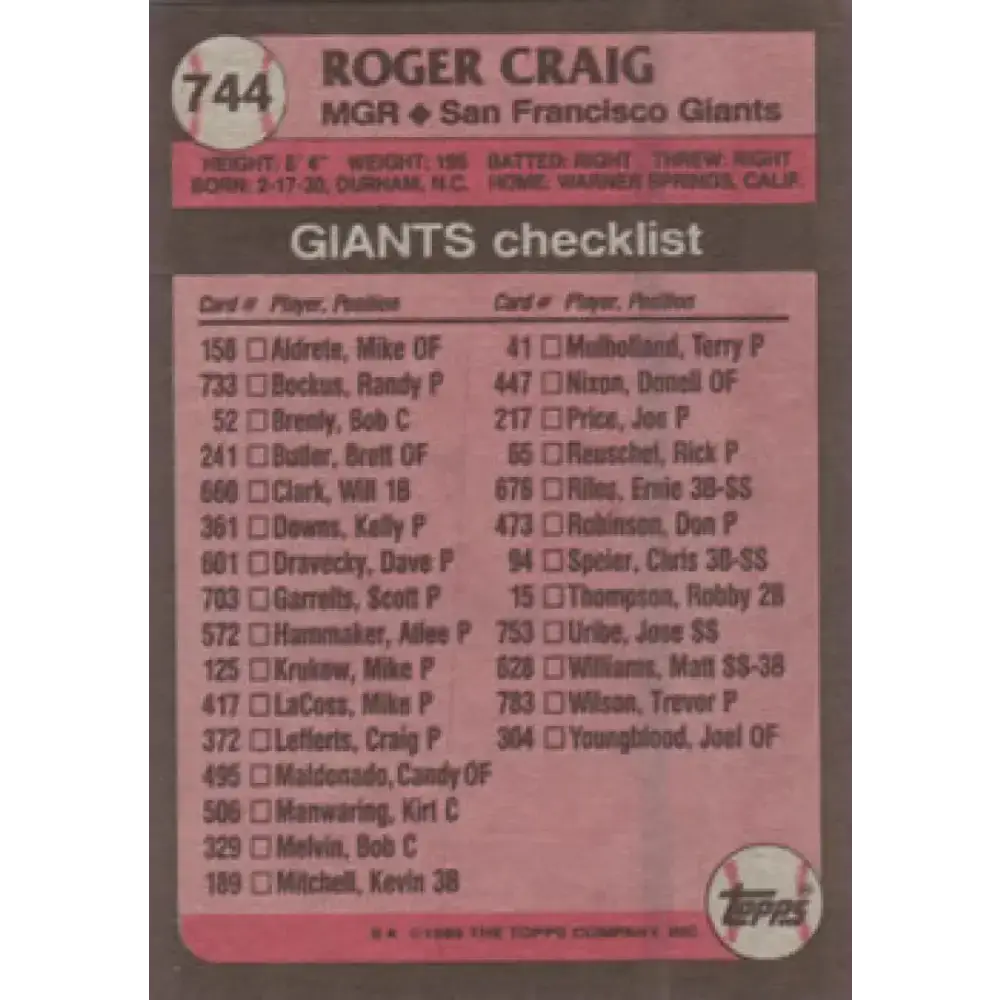 1989 Topps #744 Roger Craig MG NM-MT San Francisco Giants Baseball Card - Baseball Card Single